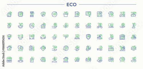Set of Eco-Friendly colorful line icon. Containing vegan, farming, ecological, eco, healthy, herbal and more. Minimal icons pack. Eco vector line icon set. Pictogram and infographic.