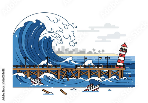 Giant wave crashes over a pier with a lighthouse.