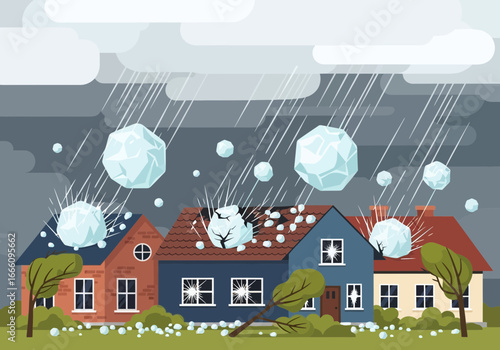 Houses under a stormy sky with large hailstones falling.