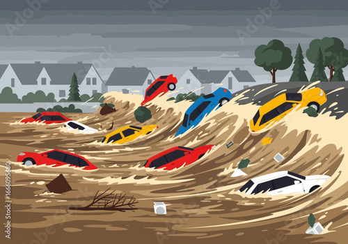 Cars submerged and tossed by powerful floodwaters near houses.