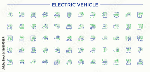 Electric Vehicle colorful line icon set. Included transportation, car, electrical, auto, electric, automobile, car and more. Thin UI icons. Auto line icon set. Vector artwork and illustration.