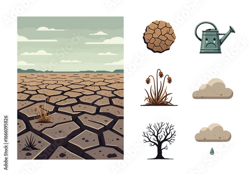 Cracked dry earth with sparse vegetation and a cloudy sky.