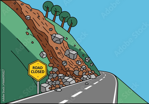 Landslide covers road with rocks and dirt, traffic sign indicates closure.