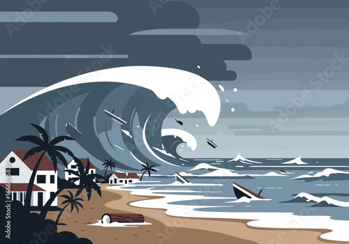 Giant wave crashes over a coastal town with palm trees and houses.