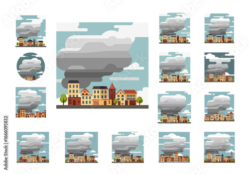 Tornadoes impacting city buildings and landscapes with various weather effects.