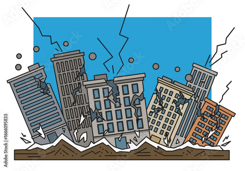 Buildings damaged and collapsing during an earthquake with water and debris.