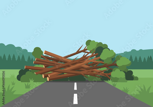 Fallen trees block a road, obstructing passage.