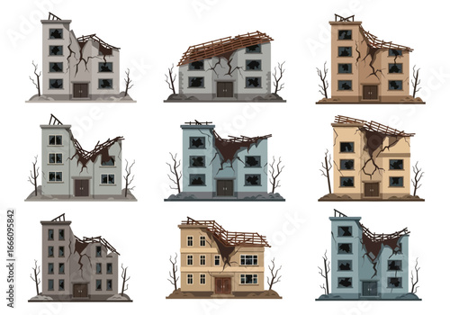 Nine damaged buildings with broken windows and debris.