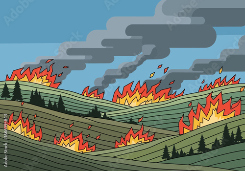 Hills ablaze with multiple fires, smoke plumes rising into the sky.