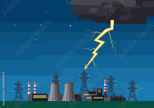 Lightning strikes a power plant with cooling towers at night.