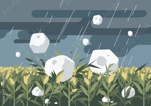 Hailstones fall on a field of green plants under a stormy sky.