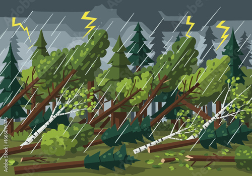 Stormy weather causes trees to fall in a forest.