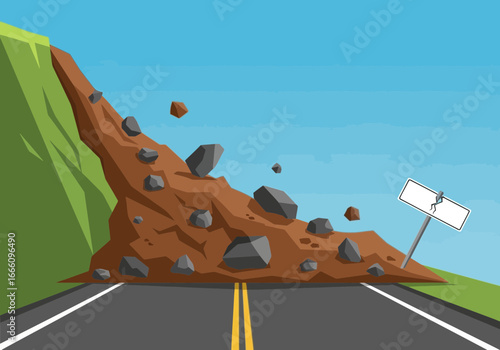Landslide of rocks and dirt blocks a road.
