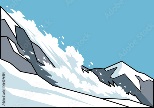 Snow slides down a mountain slope in an avalanche.