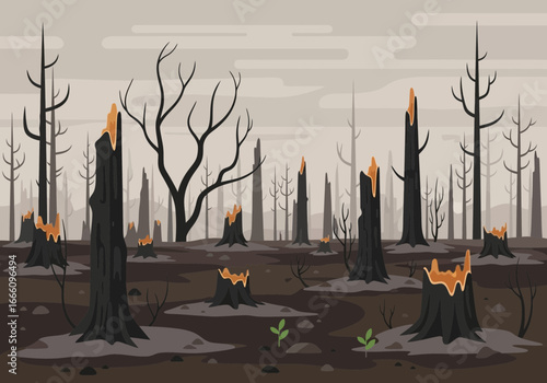 Scorched tree stumps and bare branches in a desolate landscape.
