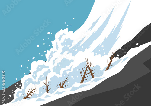 Snow avalanche cascading down a mountain slope with trees.