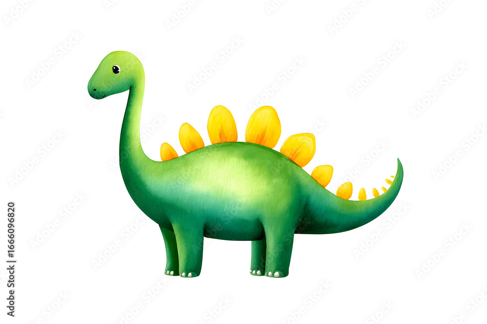 Fototapeta premium Cute green dinosaur toy with yellow spikes, isolated on white background, perfect for children’s play.