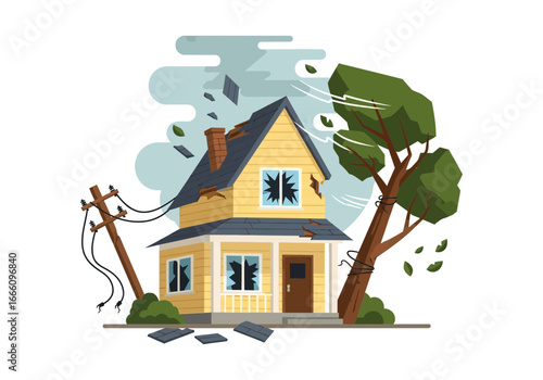 House damaged by strong winds and a fallen power pole.