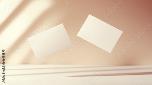 Business cards hovering above neutral surface, casting soft shadows, representing professional branding design concept