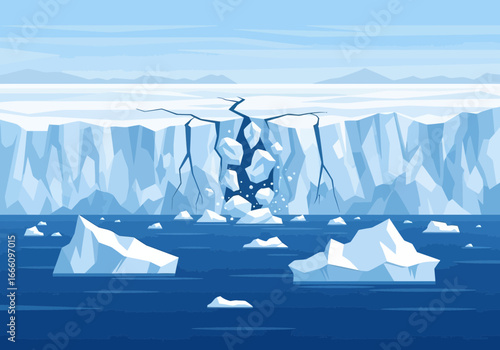 Iceberg calving with large chunks falling into the ocean.