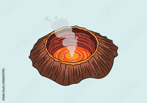 Volcano erupting with smoke and glowing lava from crater.