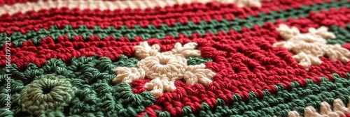 Closeup of Handmade Christmas Crochet Blanket with Red Green and Cream Snowflakes Design
