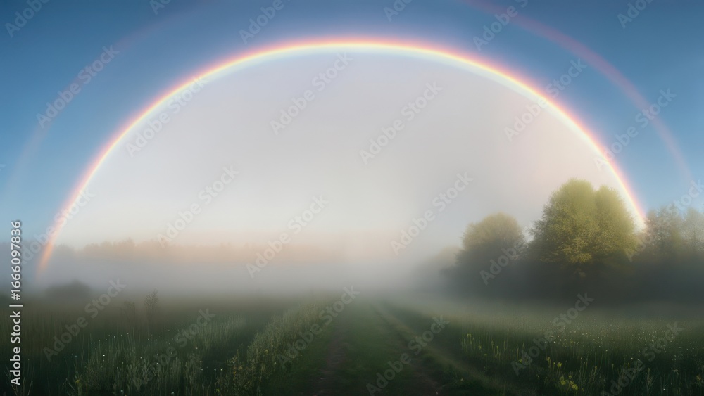 Naklejka premium Majestic double rainbow over a misty field