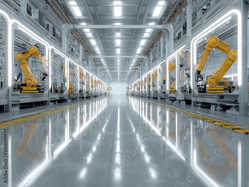 Modern Industrial Automation Workshop with Precision Machinery and LED-Illuminated Assembly Lines. Minimalist Factory Environment.