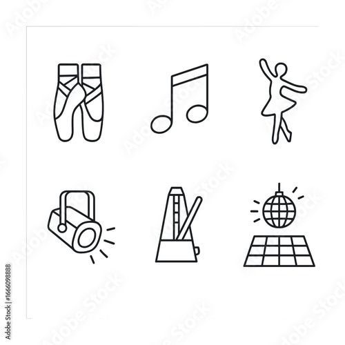 Dance icons: ballet, music, disco, and performance elements in simple line art