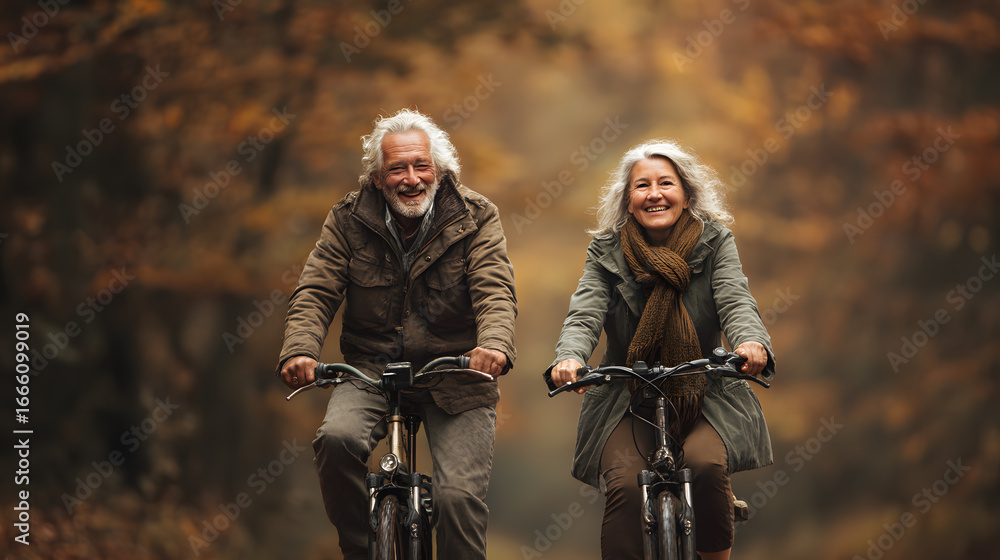 Fototapeta premium Happy senior couple cycling in sunny autumn day, smiling and enjoying nature.