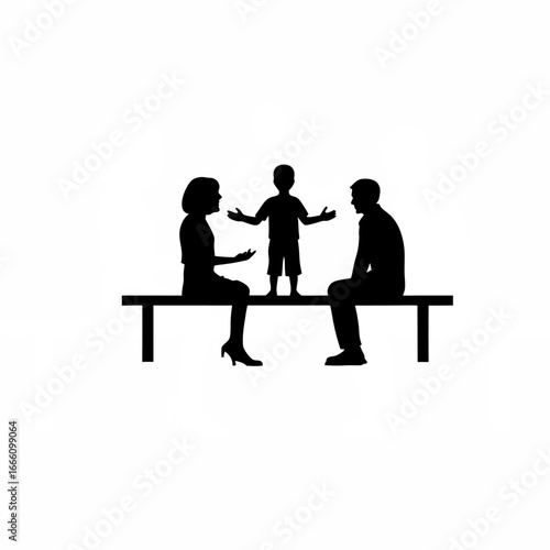 Child on bench parents arguing in distance silhouette isolated on white background