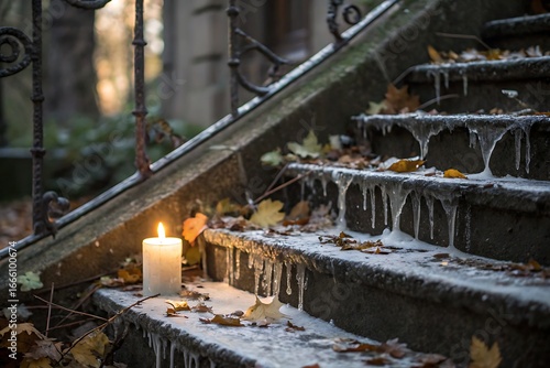 Melting Icicles and a Lit Candle on a Staircase Surrounded by Autumn Leaves and Frost