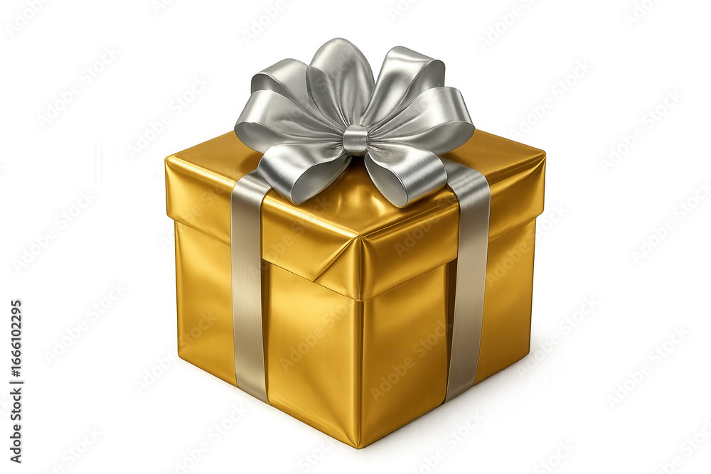 Fototapeta premium Metallic gold present container adorned with silvery ribbon, gleaming against transparent backdrop, symbolizing festive gifting moments