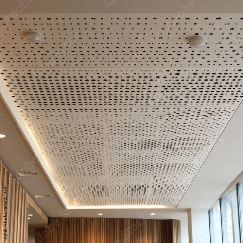 A textured ceiling featuring perforated acoustic tiles in neutral tones.