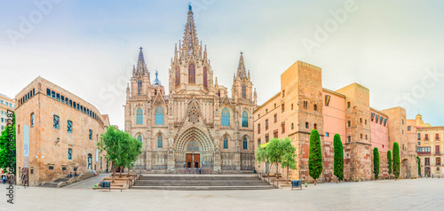 Photography Old gothic quarter of of Barcelona with old cathedral Se, Spain, toned