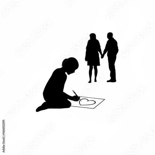 Silhouette of a girl drawing hearts parents ignoring each other isolated on white background