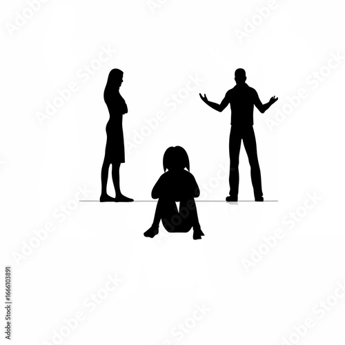  Silhouette of a girl kneeling, hugging knees while parents argue behind her silhouette on white background