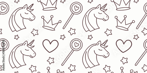 Seamless vector pattern of fantasy doodles with crowns, wands, unicorns, and hearts in whimsical line-art style, scalable repeating background for kids, magic, and fairytale design