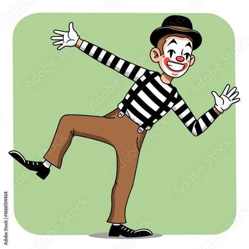 Smiling cartoon mime in playful pose with classic outfit and white face paint.