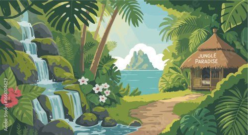 Tropical landscape with waterfall hut and distant island mountain view
