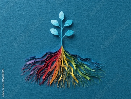 Paper sprout with rainbow roots on textured blue backdrop in overhead, graphic view
