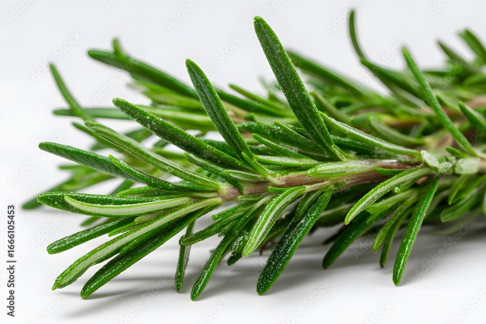 Fototapeta premium Fresh rosemary sprig with vibrant green leaves, isolated on a neutral background, ideal for culinary use