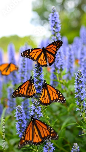 Monarch butterflies on vibrant blue flowers (2)