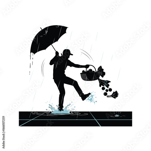 Silhouette of man with umbrella slipping in puddle dropping produce in rain