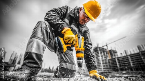 Wallpaper Mural Construction worker using a drill on a building site, focused on his work. Torontodigital.ca