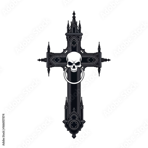Gothic Cross with Skull Door Knocker Vector Illustration