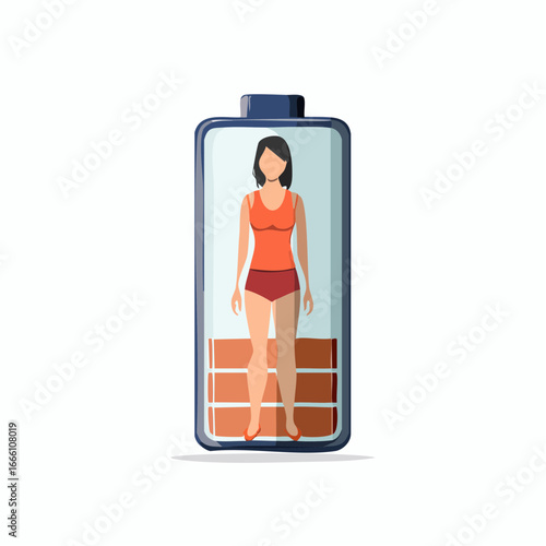 Human battery representing burnout, woman standing inside depleted battery