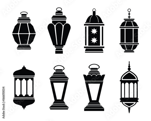 islamic eastern arabic vintage lamp lantern set collection pack bundle black shape icon silhouette vector flat illustration design on white background
