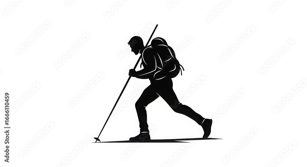 Obraz premium Silhouette of a lone hiker with a backpack and trekking pole on a captured in a dynamic pose.