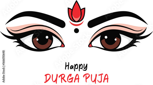 Happy durga puja greeting with goddess eyes and tilak